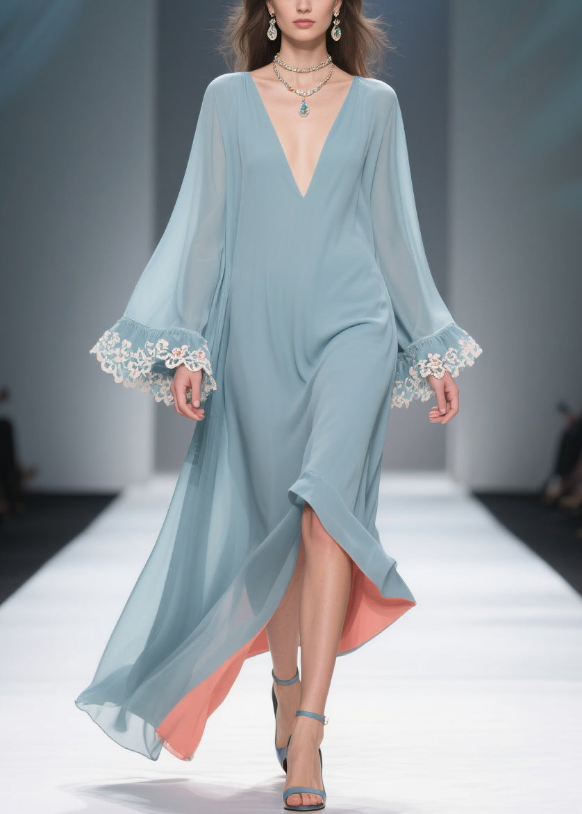 Loose Blue V Neck Solid Chiffon Maxi Dresses Flare Sleeve 5