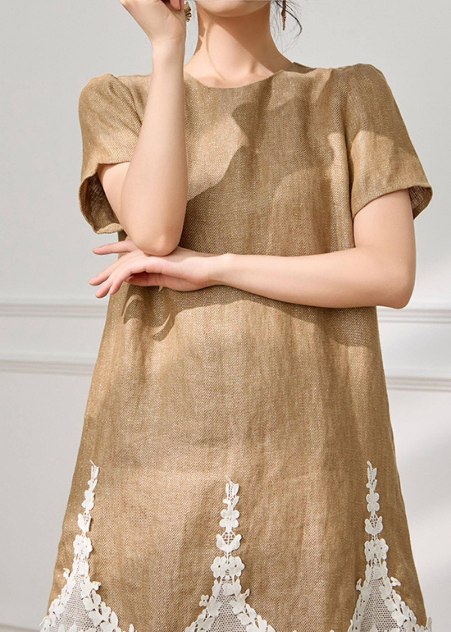 Woven Lace Trim Round Neck Short Sleeve Shift Mini Dress
