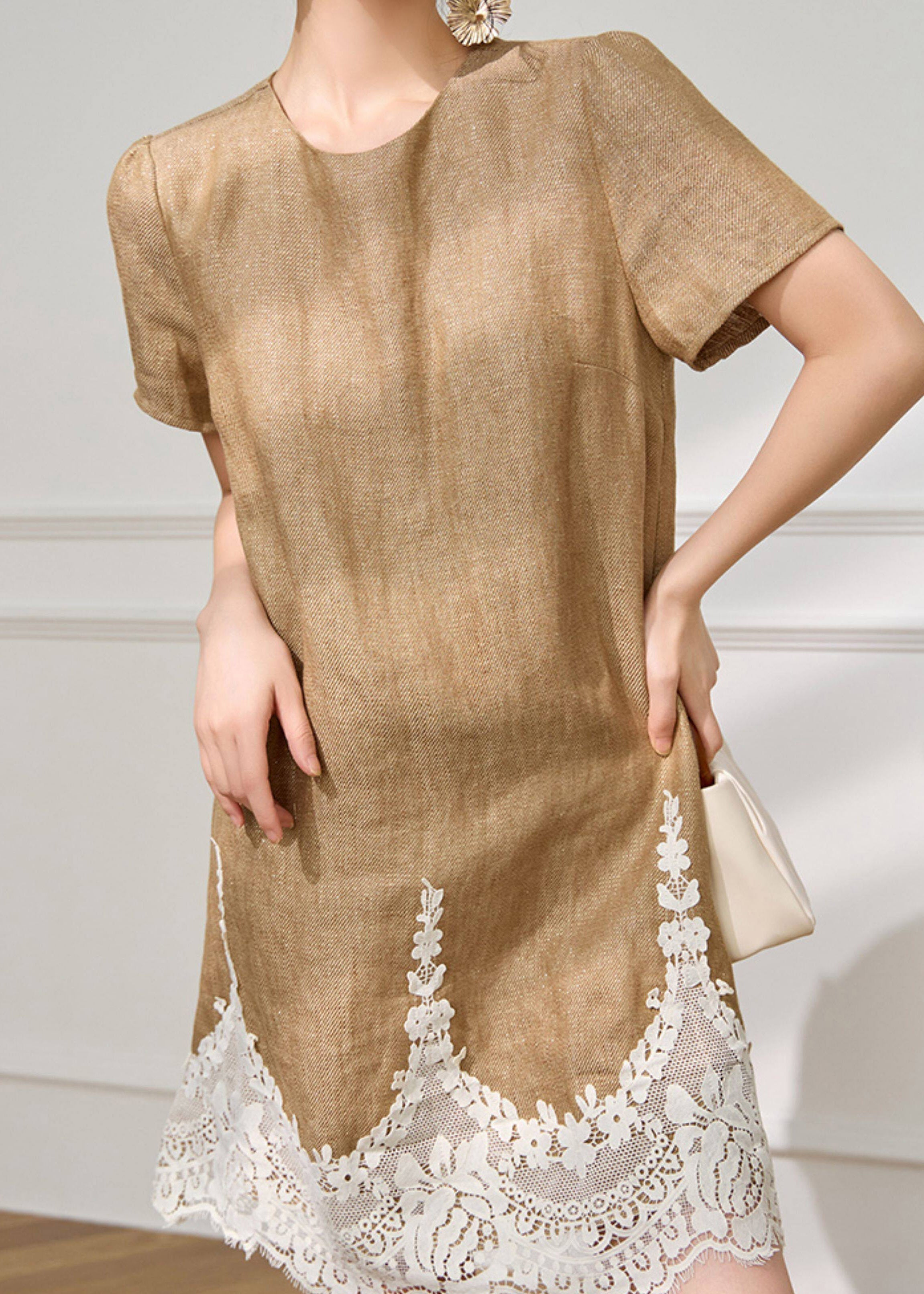 Woven Lace Trim Round Neck Short Sleeve Shift Mini Dress
