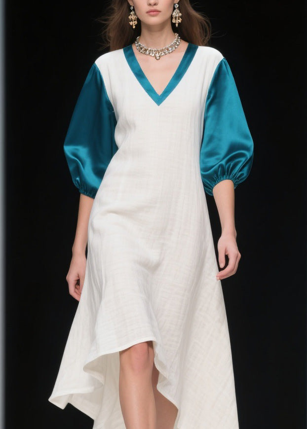 Deep V-Neck Puff Sleeve Satin Trim Relaxed A-Line High Low Summer Midi Dress