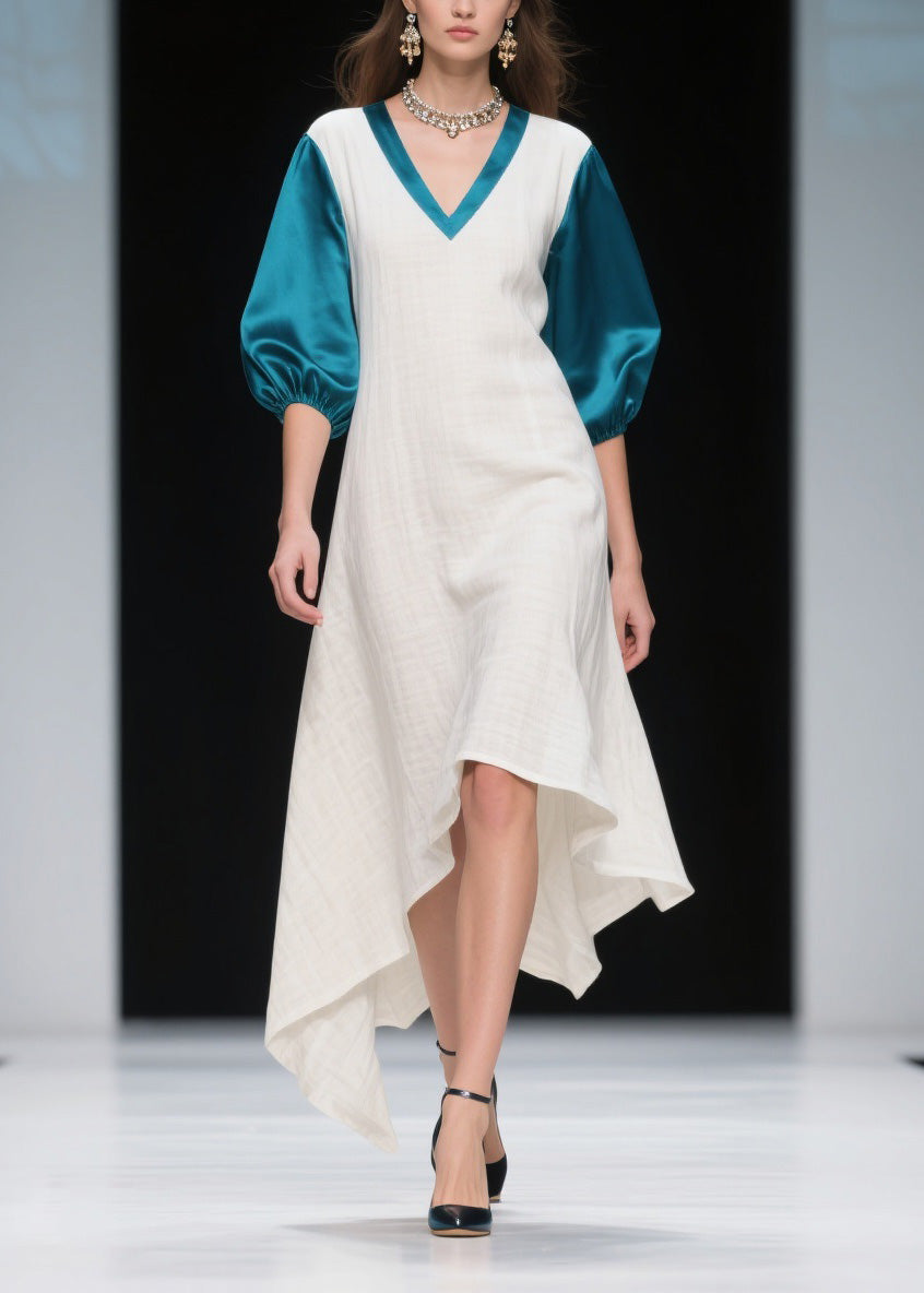 Deep V-Neck Puff Sleeve Satin Trim Relaxed A-Line High Low Summer Midi Dress