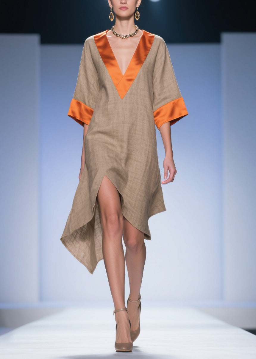Deep V-Neck Short Sleeve Contrast Cuff High Split Kaftan Midi Dress