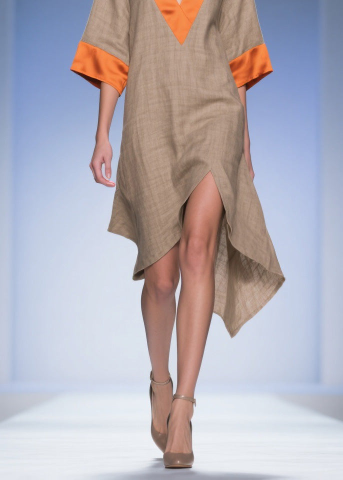 Deep V-Neck Short Sleeve Contrast Cuff High Split Kaftan Midi Dress