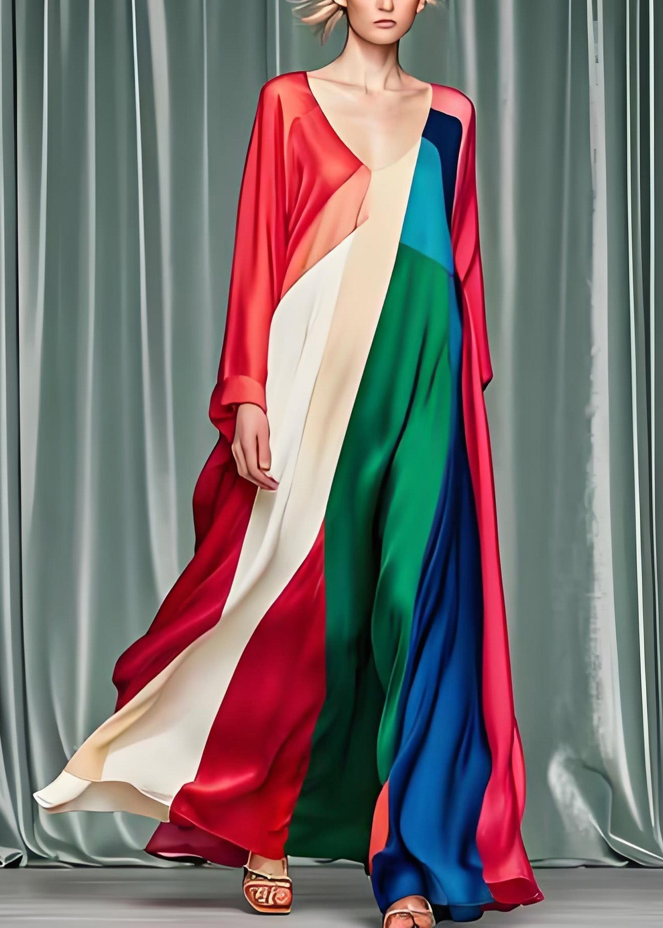 Satin Geometric Colorblock Deep V-Neck Long Sleeve Kaftan Maxi Dress