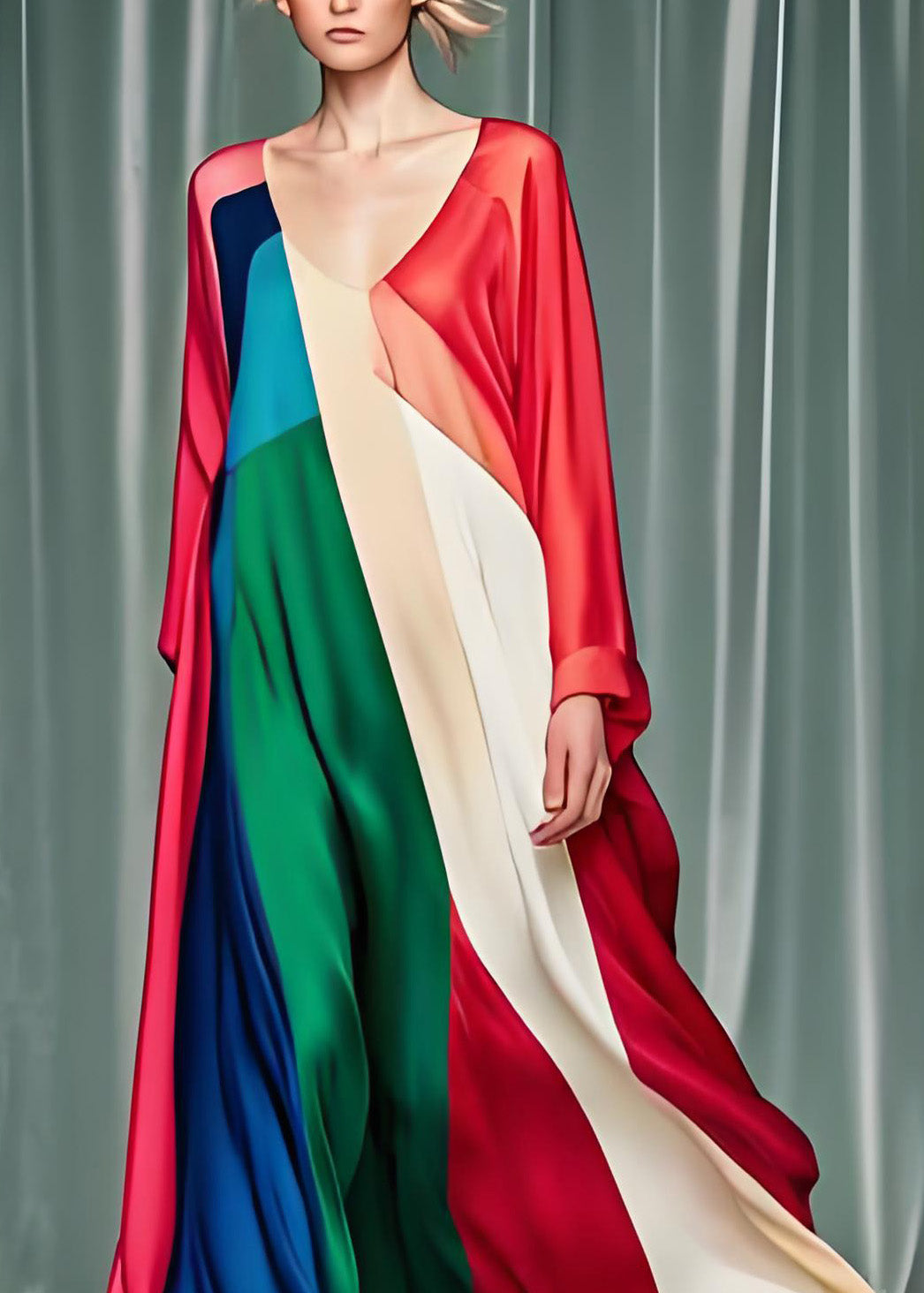 Satin Geometric Colorblock Deep V-Neck Long Sleeve Kaftan Maxi Dress