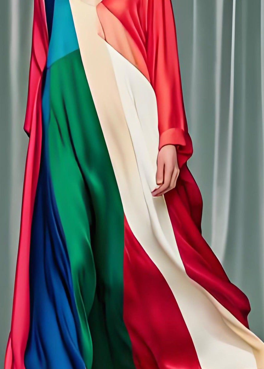 Satin Geometric Colorblock Deep V-Neck Long Sleeve Kaftan Maxi Dress