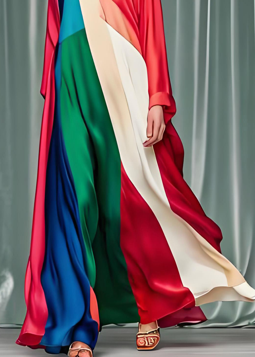 Satin Geometric Colorblock Deep V-Neck Long Sleeve Kaftan Maxi Dress