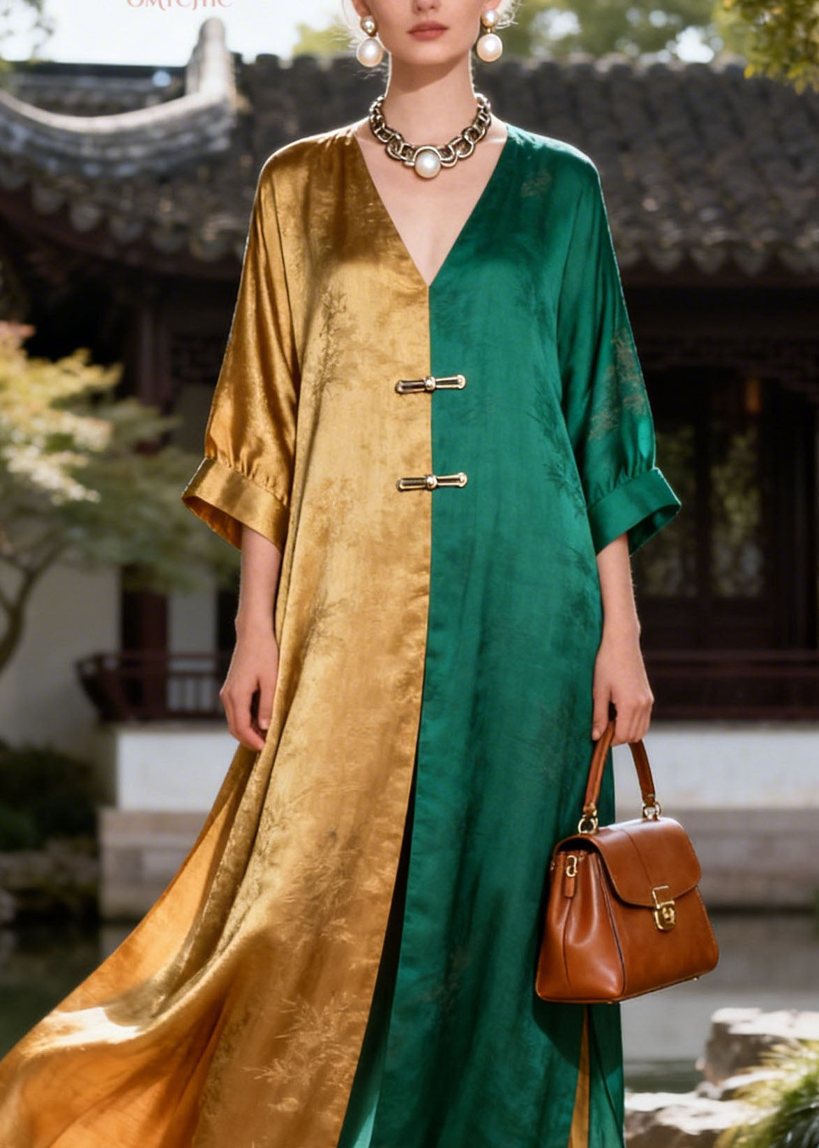 Jacquard Botanical Print Frog Toggle Wide Sleeve High Split Panel Maxi Gown