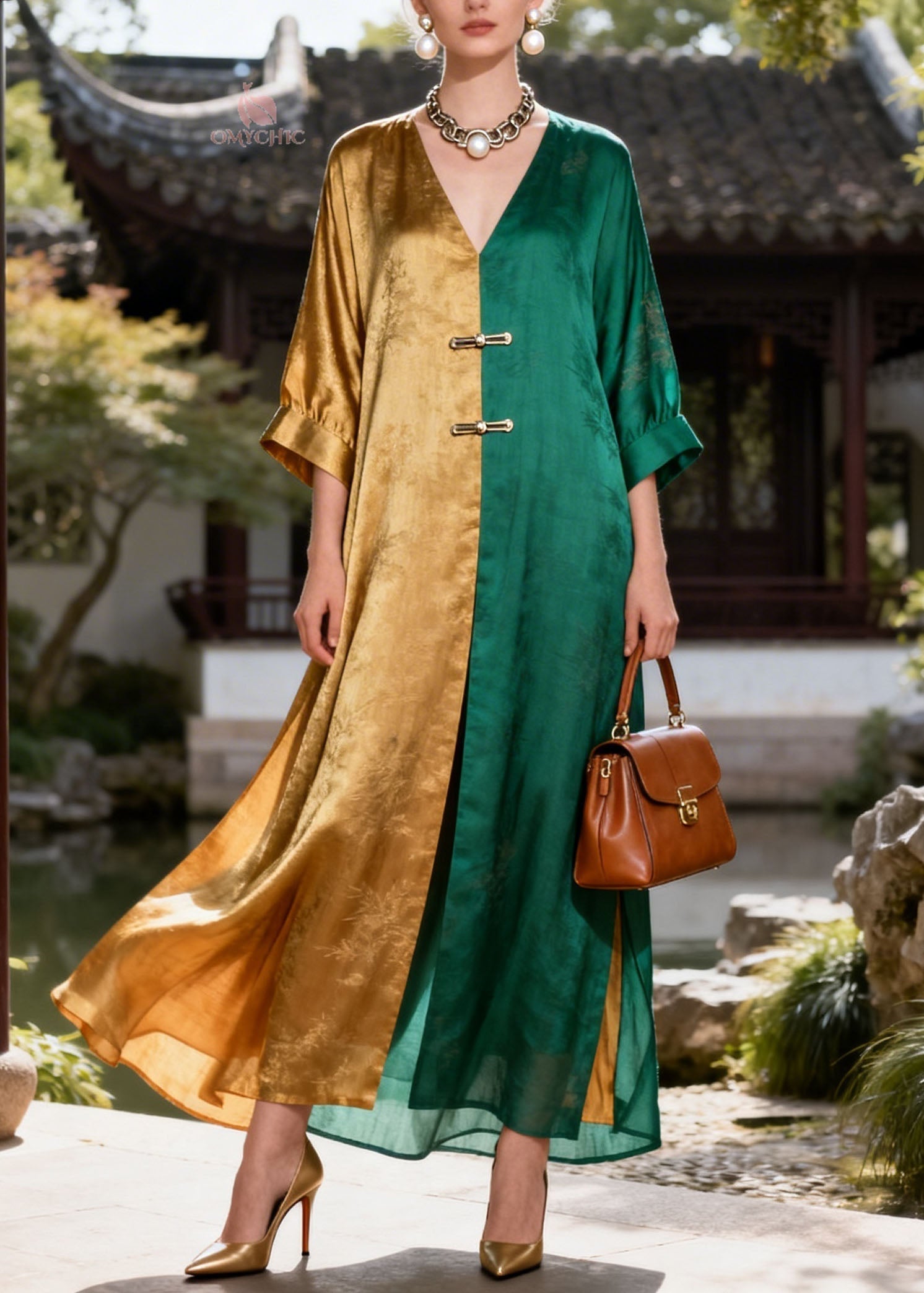 Jacquard Botanical Print Frog Toggle Wide Sleeve High Split Panel Maxi Gown