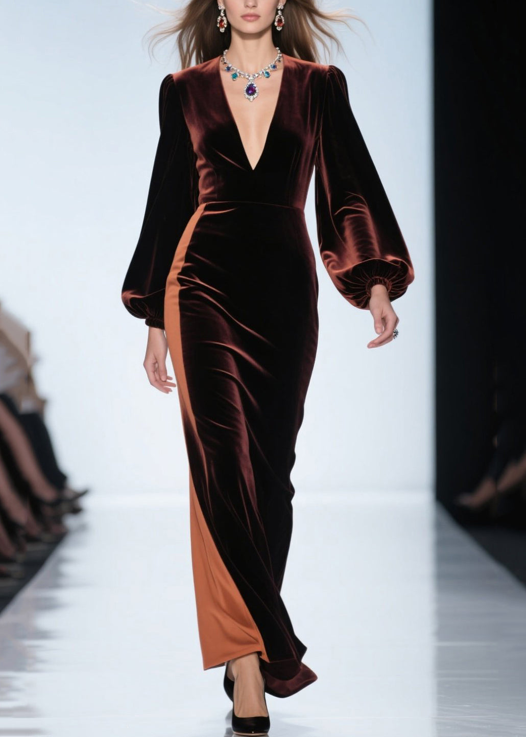 Velvet Contrast Panel Deep V-Neck Bishop Sleeve Maxi Gown