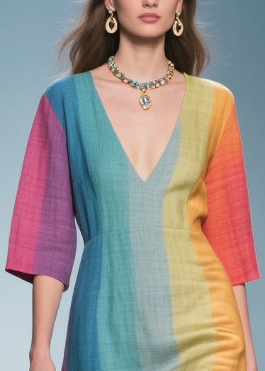 Vertical Stripe Deep V-Neck Three Quarter Sleeve Handkerchief Hem Maxi Dress