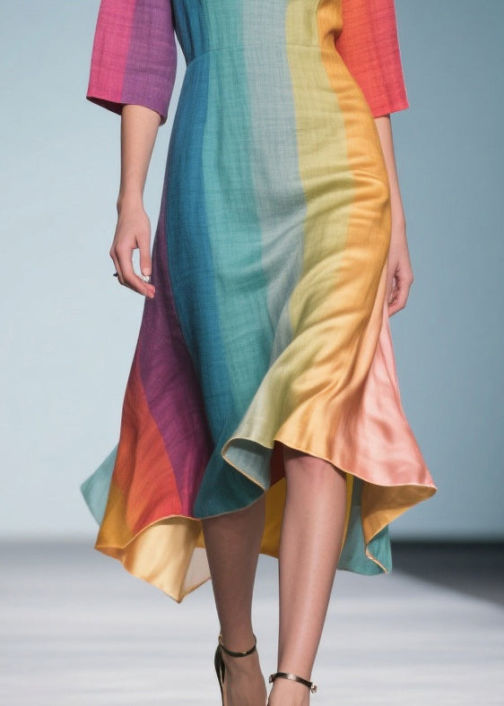 Vertical Stripe Deep V-Neck Three Quarter Sleeve Handkerchief Hem Maxi Dress