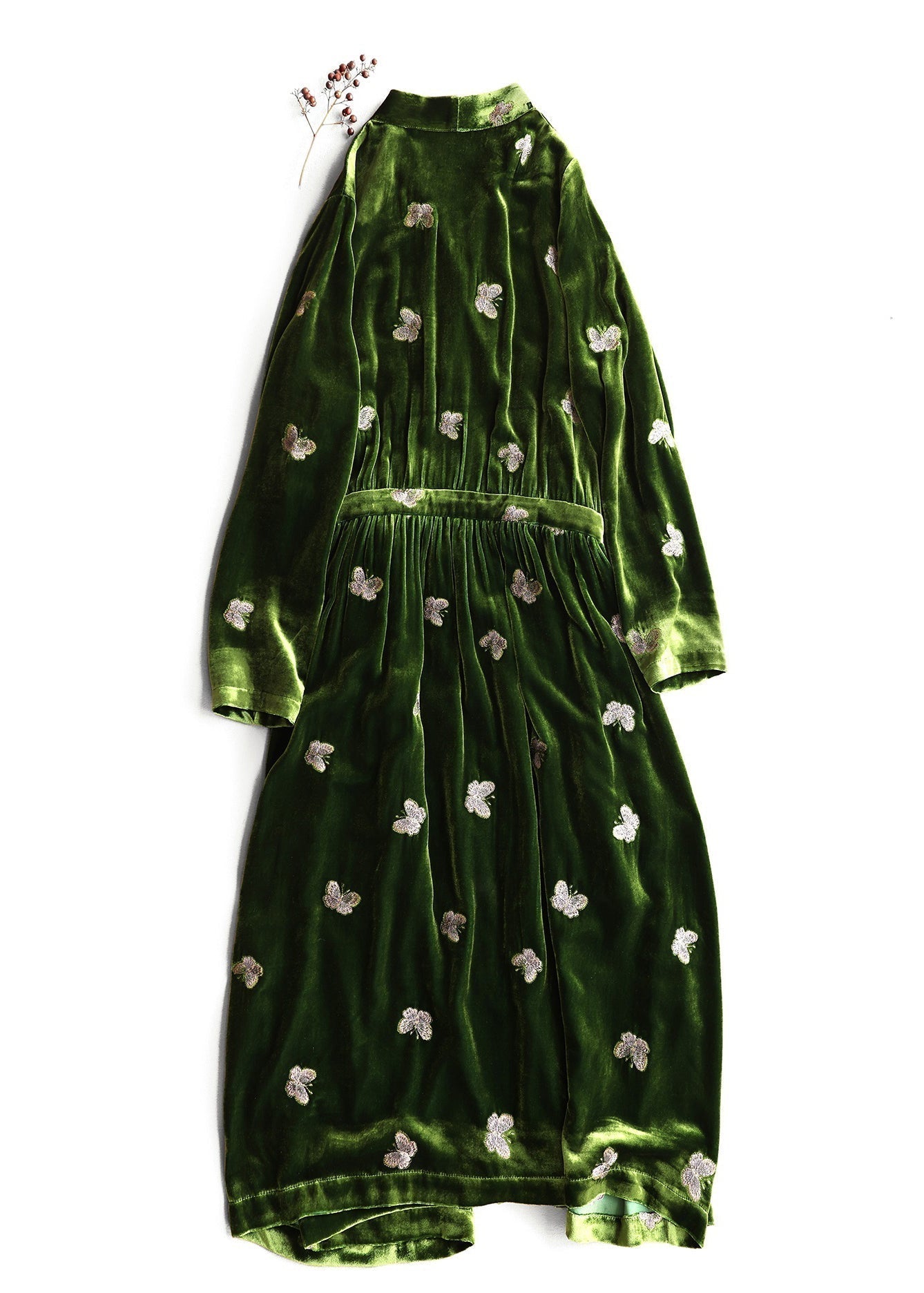 Velvet Butterfly Embroidered Wrap V-Neck Long Sleeve Maxi Dress