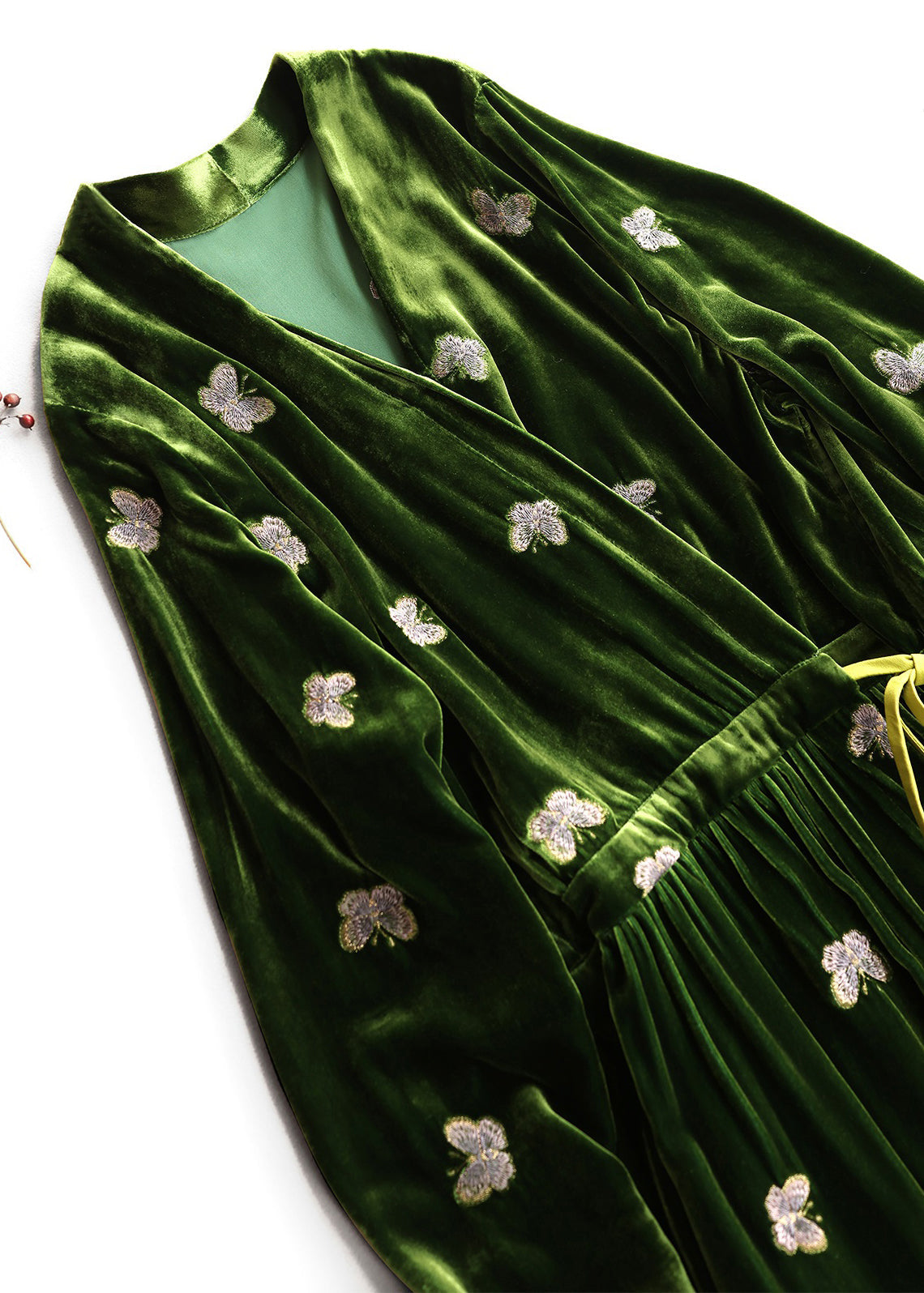 Velvet Butterfly Embroidered Wrap V-Neck Long Sleeve Maxi Dress