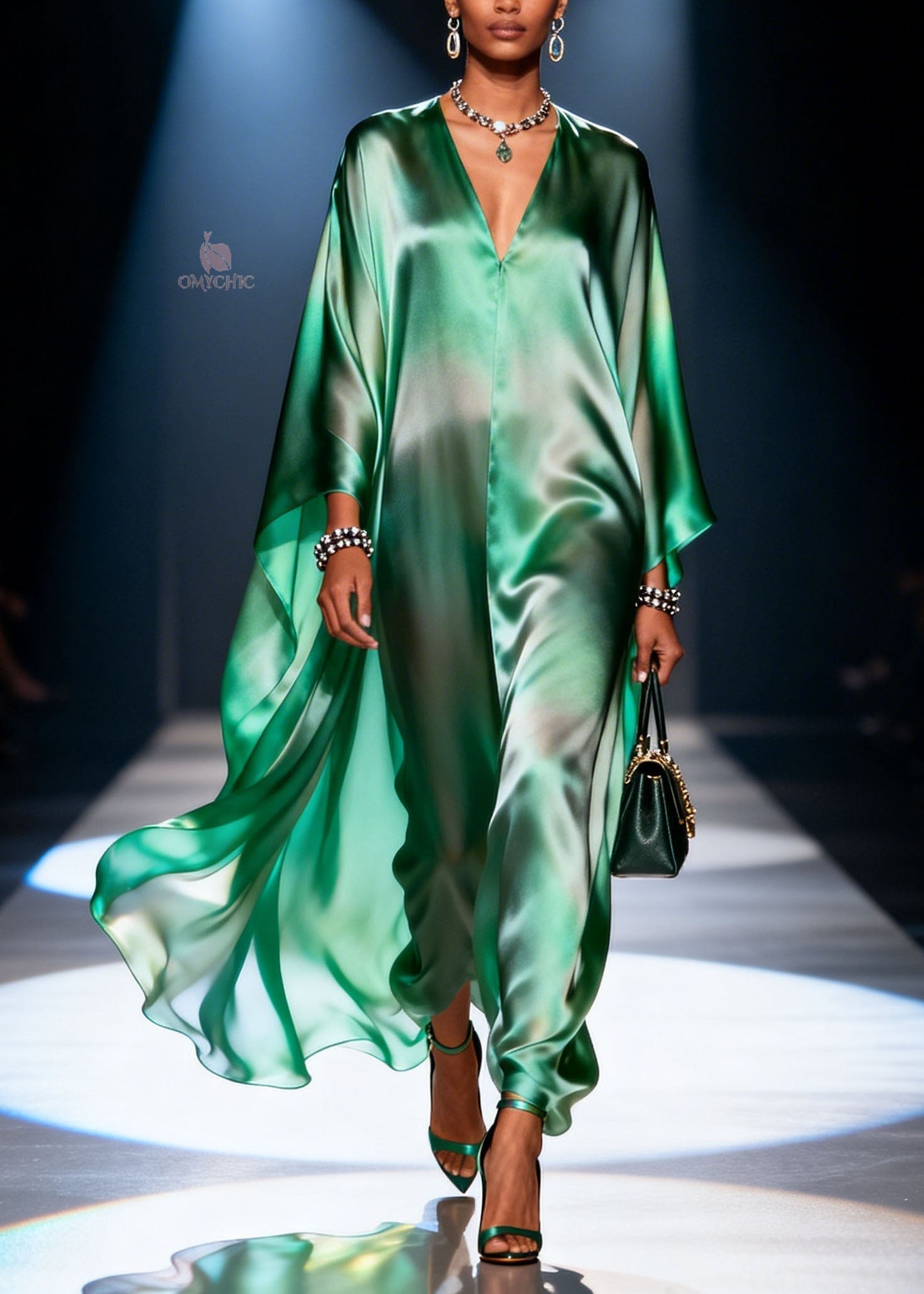 Ombre Satin Deep V-Neck Cape Sleeve Kaftan Maxi Gown