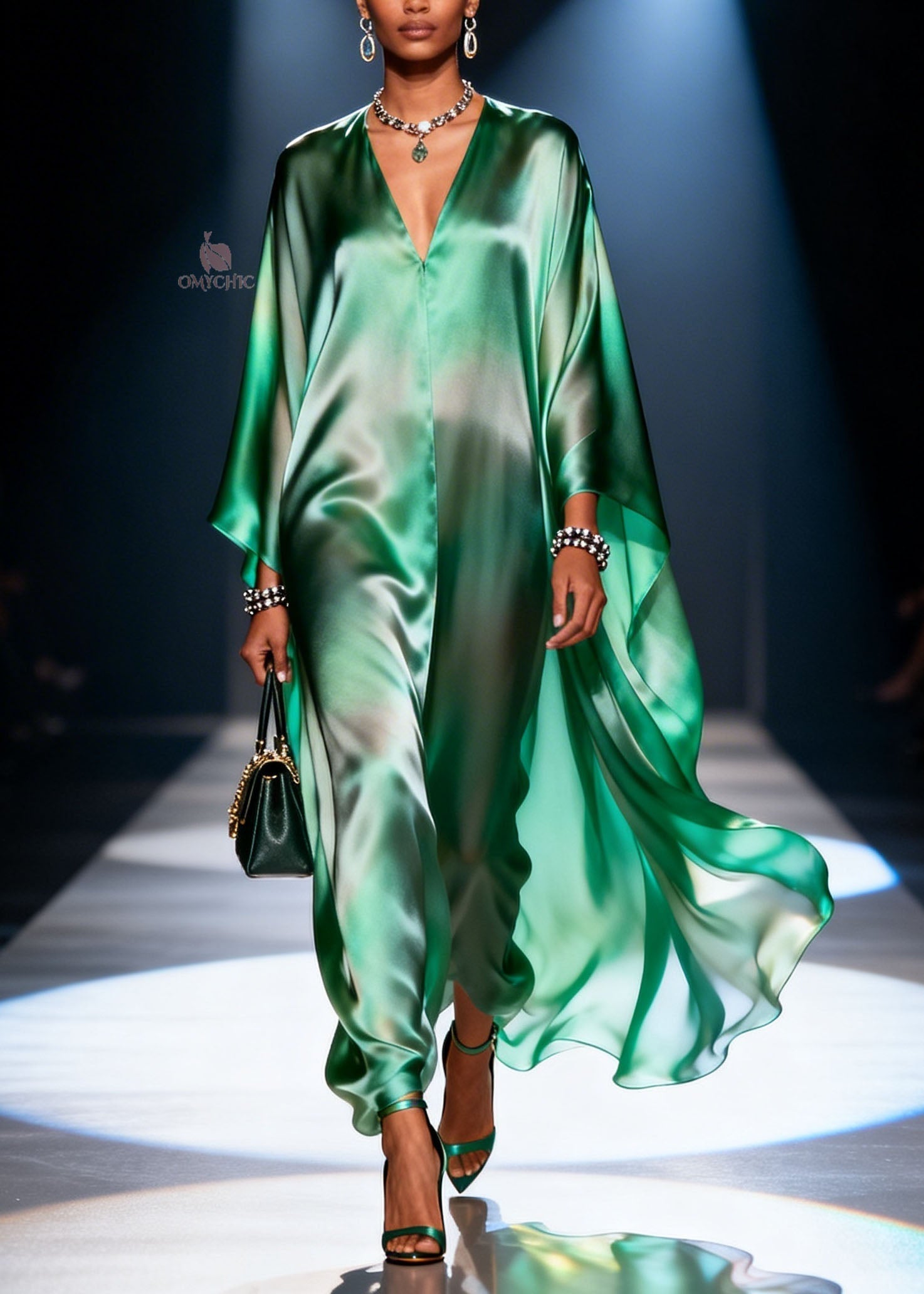 Ombre Satin Deep V-Neck Cape Sleeve Kaftan Maxi Gown