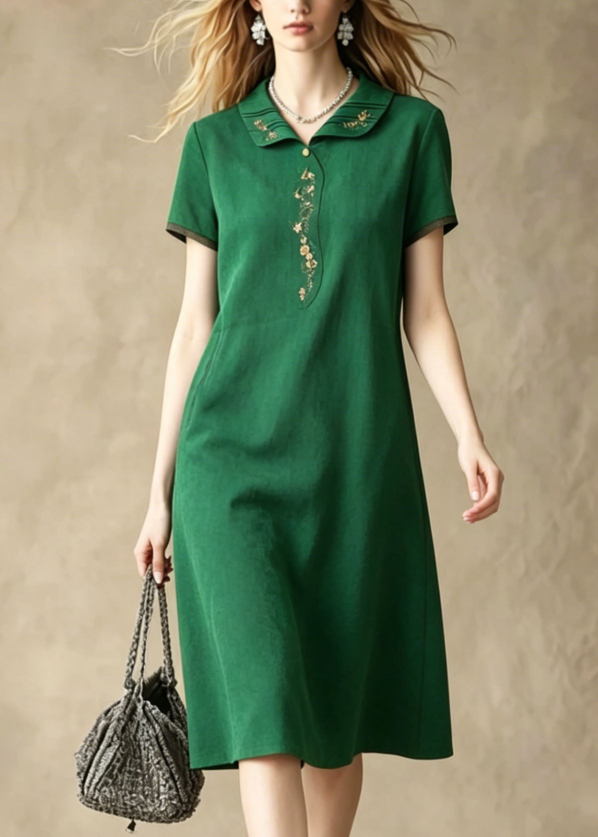 Short Sleeve Peter Pan Collar Embroidered Trim Knee Length Shift Dress