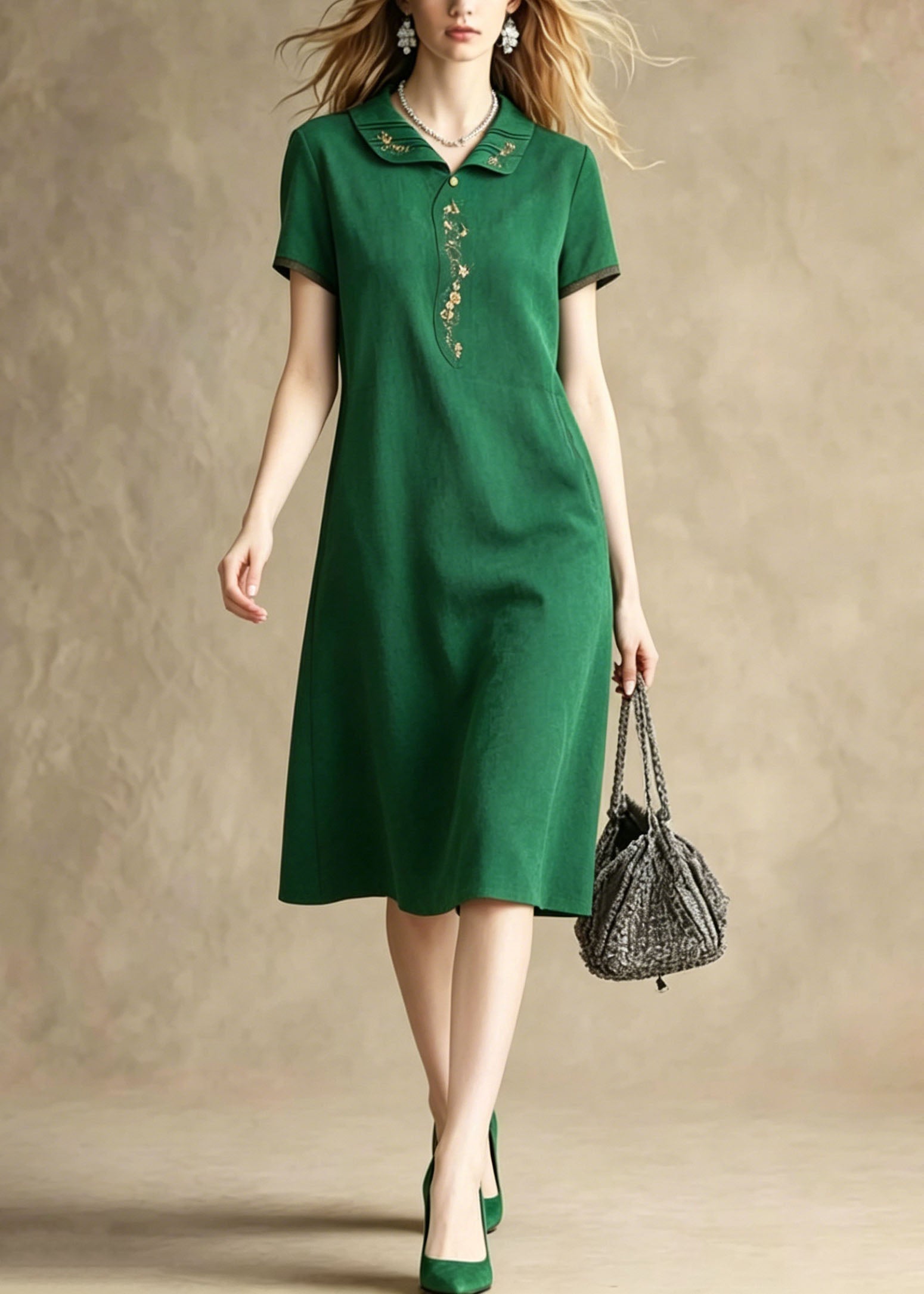 Short Sleeve Peter Pan Collar Embroidered Trim Knee Length Shift Dress