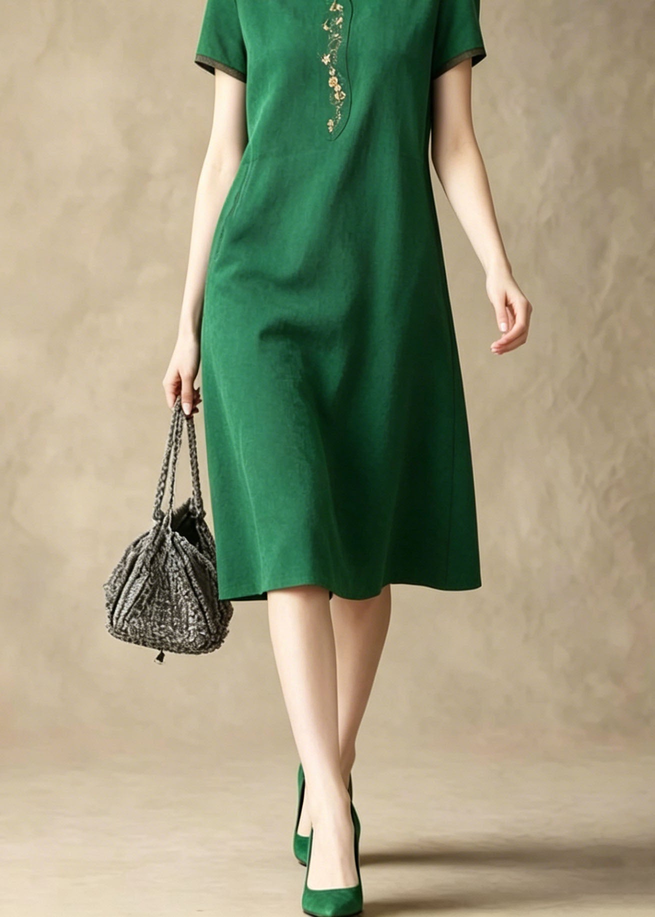 Short Sleeve Peter Pan Collar Embroidered Trim Knee Length Shift Dress