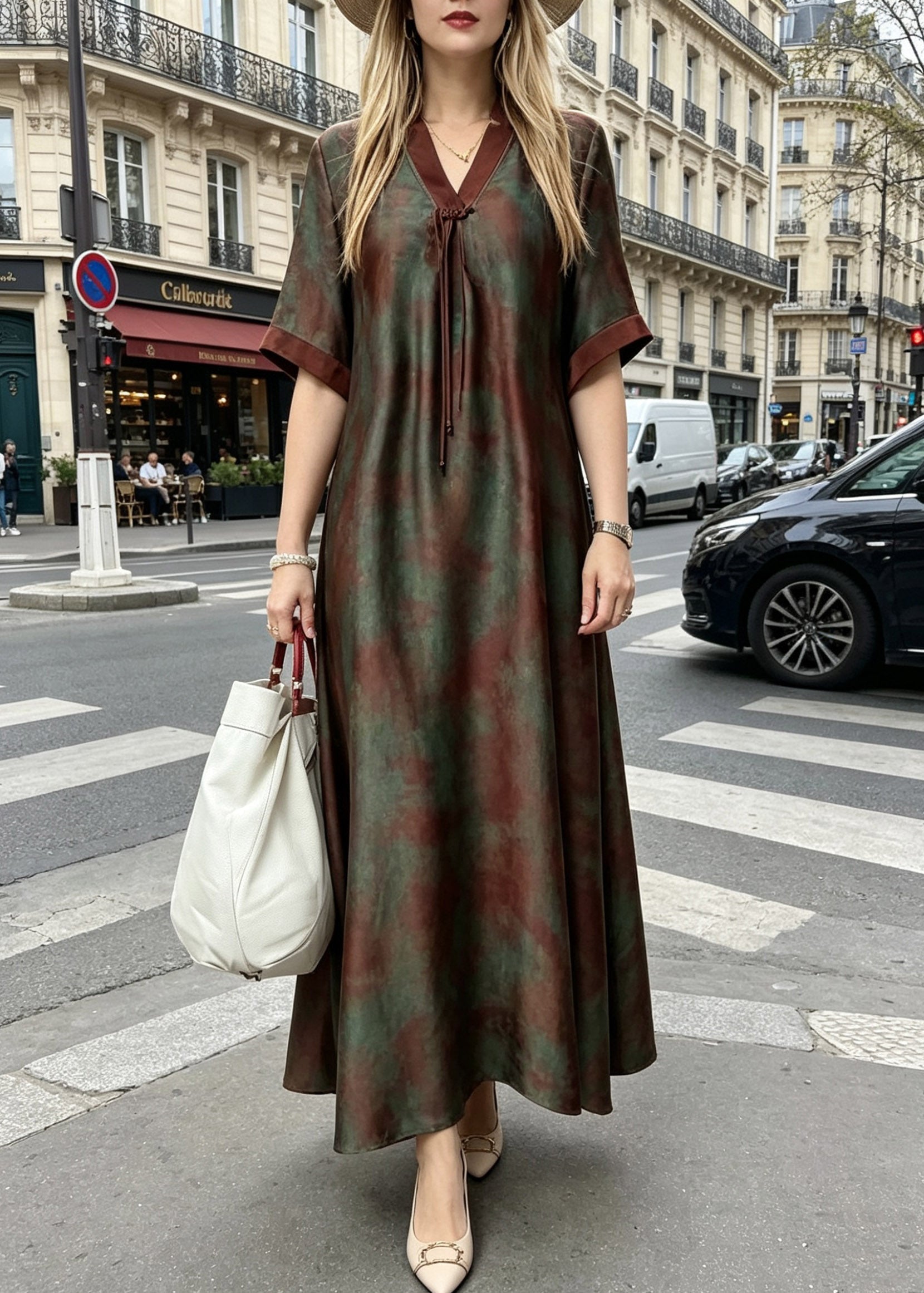 Jacquard Leaf Print Split V-Neck Stand Collar Short Sleeve Center Pleat A-Line Maxi Dress