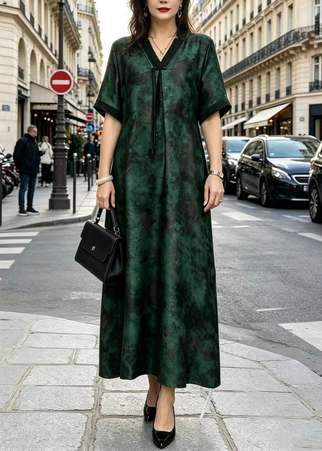 Jacquard Leaf Print Split V-Neck Stand Collar Short Sleeve Center Pleat A-Line Maxi Dress