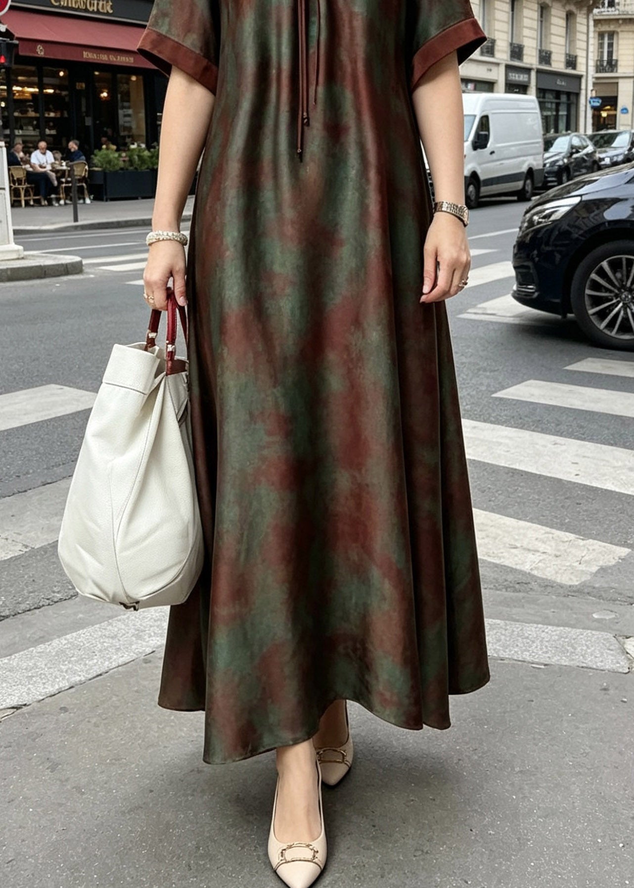 Jacquard Leaf Print Split V-Neck Stand Collar Short Sleeve Center Pleat A-Line Maxi Dress