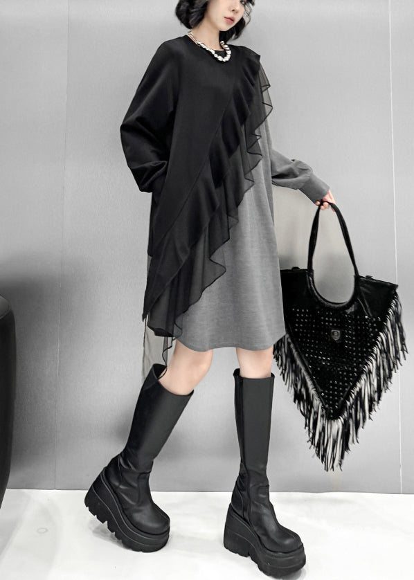 Asymmetrical Tulle Ruffle Patchwork Long Sleeve Mini Dress