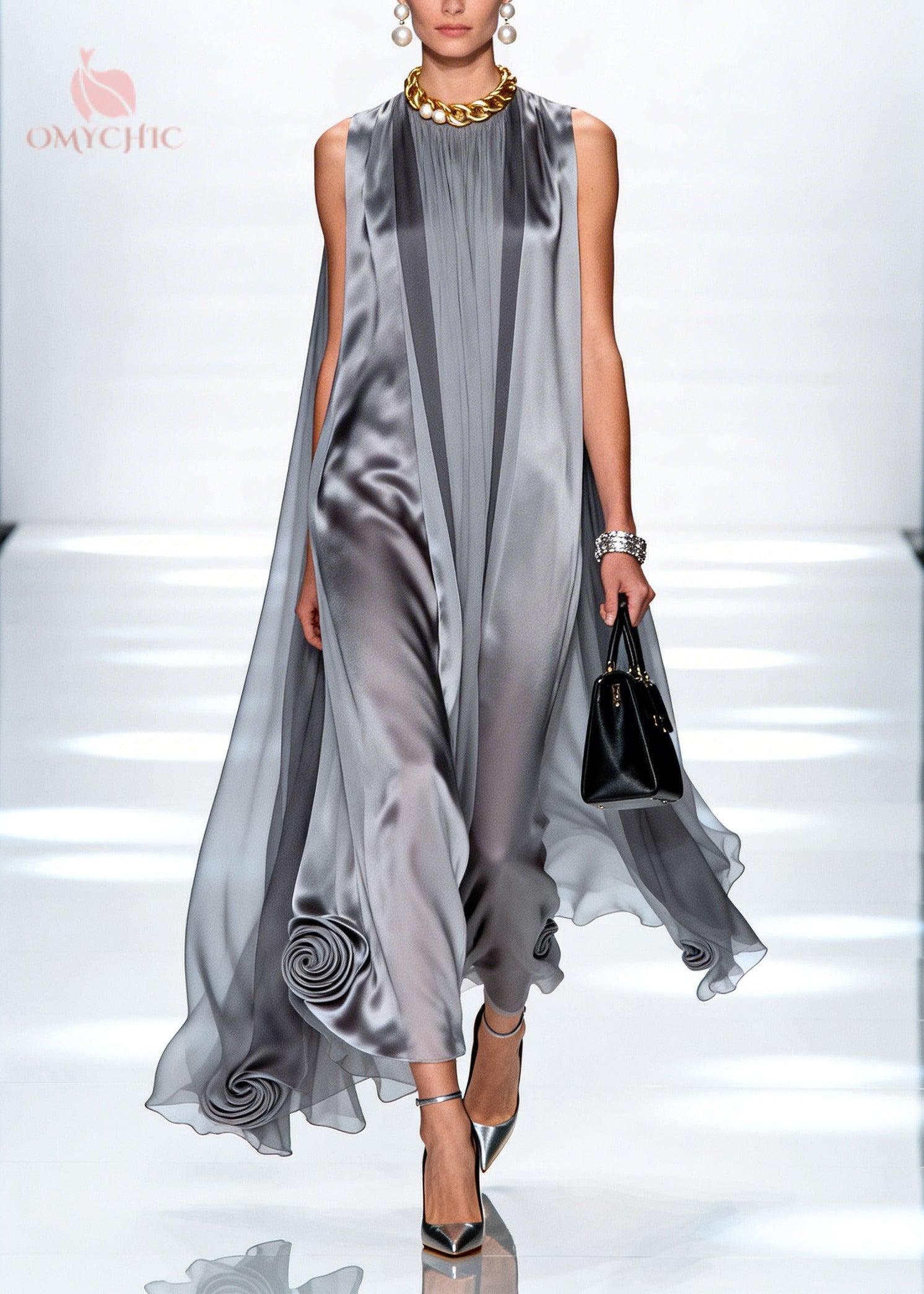 Satin High Neck Sheer Cape Panel Sculpted Rosette Hem Maxi Gown