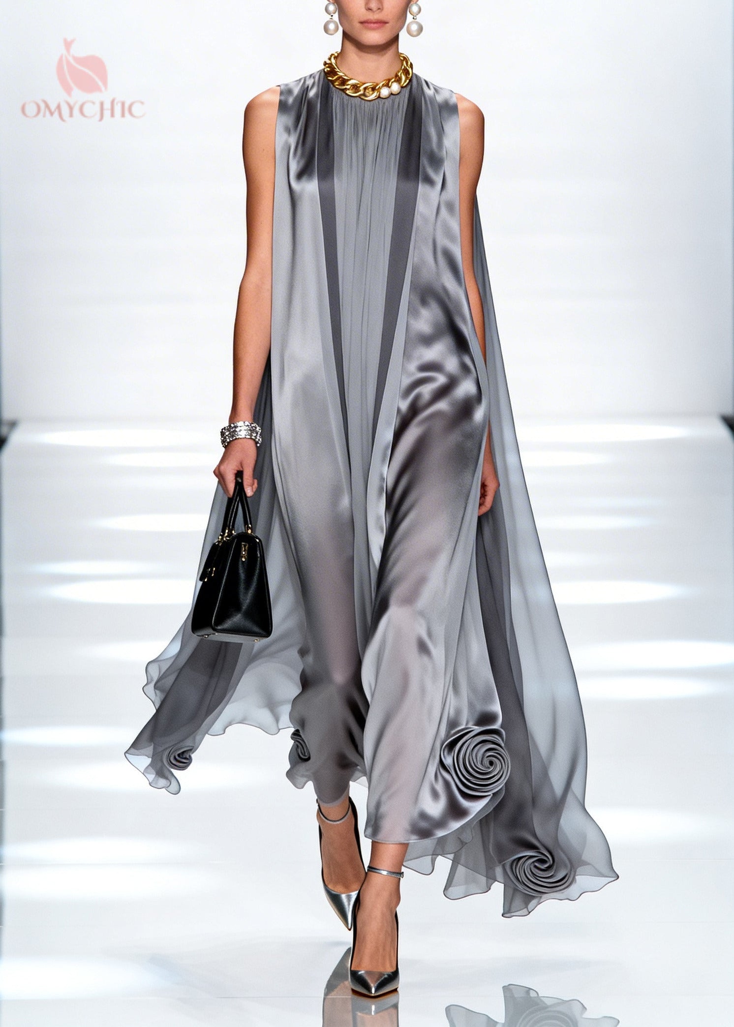Satin High Neck Sheer Cape Panel Sculpted Rosette Hem Maxi Gown
