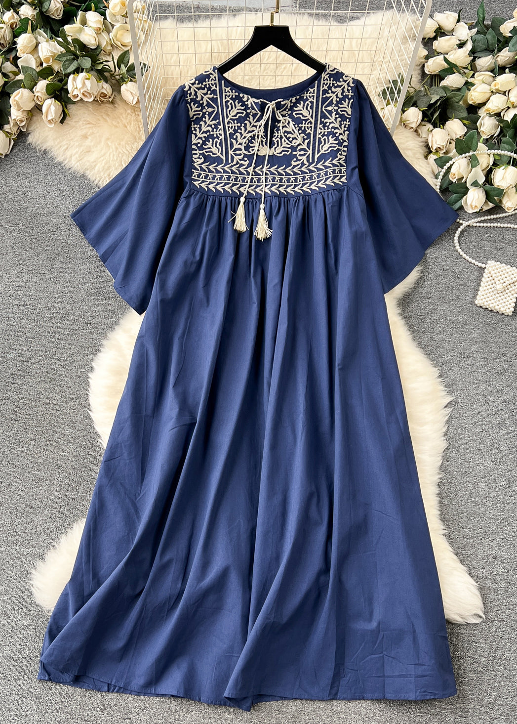 Embroidered Yoke Tassel Tie Neck Bell Sleeve Pleated Smock Maxi Dress