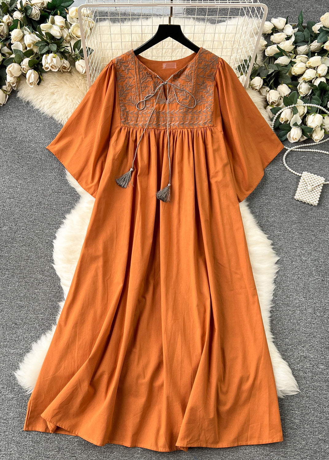 Embroidered Yoke Tassel Tie Neck Bell Sleeve Pleated Smock Maxi Dress