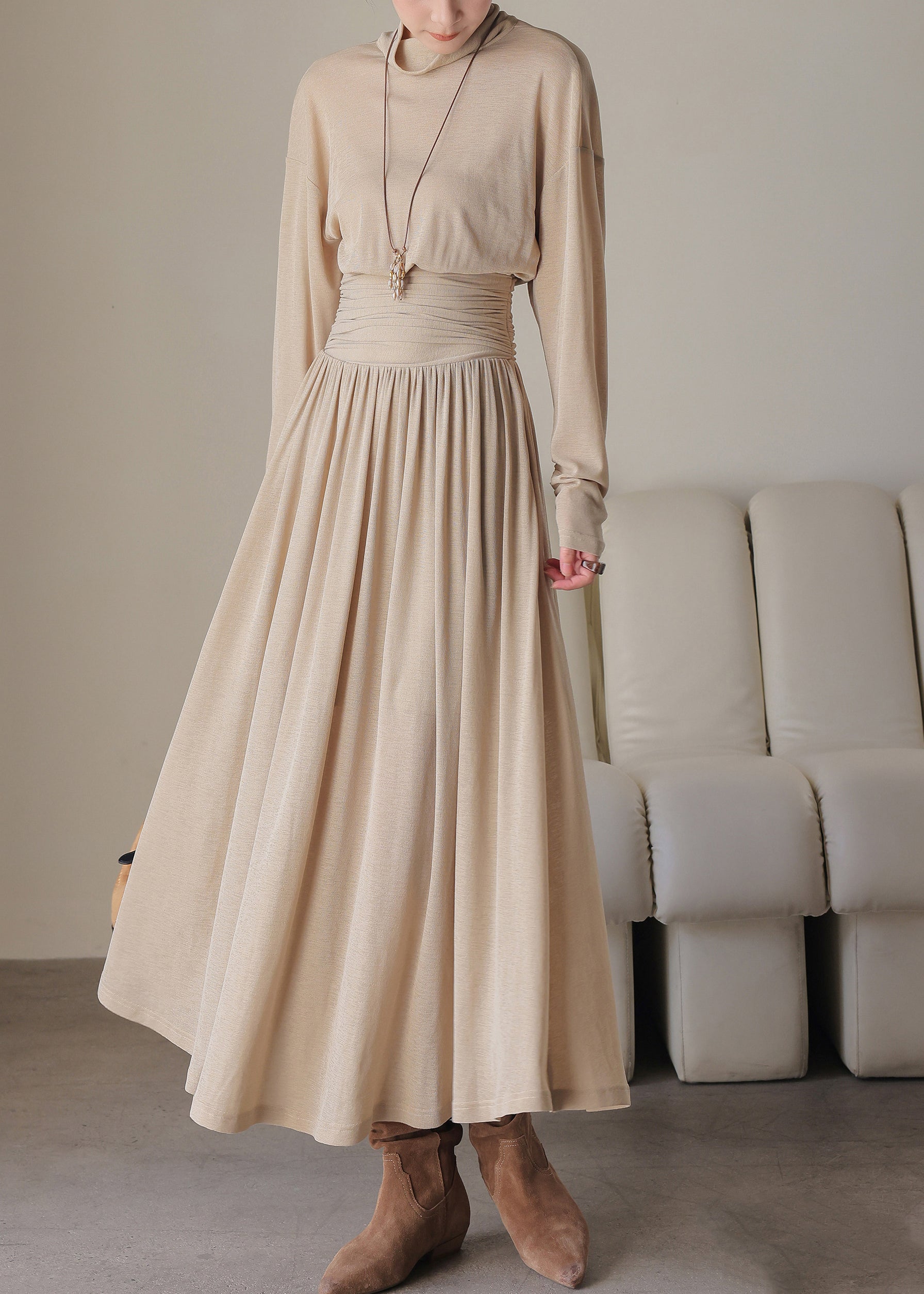 Loose Light Khaki Turtle Neck Tunic Long Dress Spring
