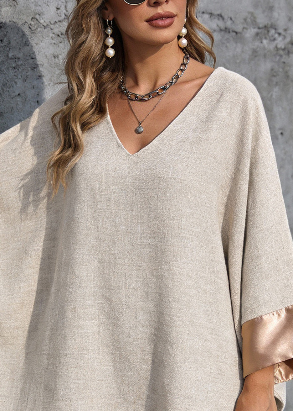 V-Neck Batwing Sleeve Satin Cuff Curved Hem Woven Patchwork Mini Dress