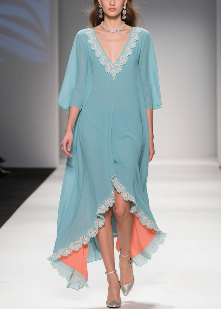 Lace Applique Chiffon Deep V-Neck Three Quarter Sleeve High Low Kaftan Maxi Gown