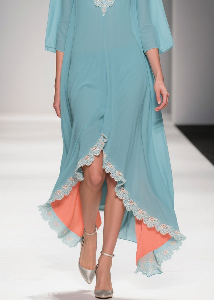 Lace Applique Chiffon Deep V-Neck Three Quarter Sleeve High Low Kaftan Maxi Gown