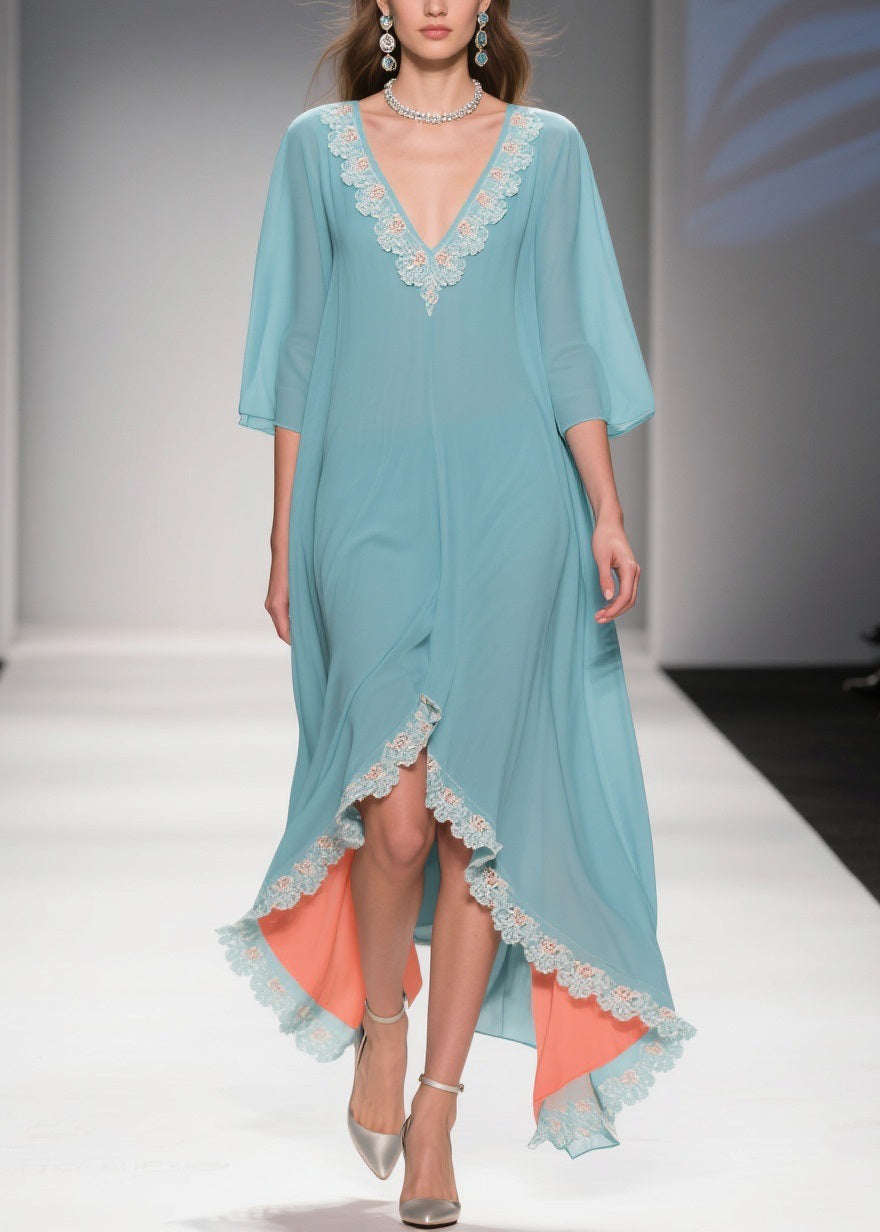 Lace Applique Chiffon Deep V-Neck Three Quarter Sleeve High Low Kaftan Maxi Gown