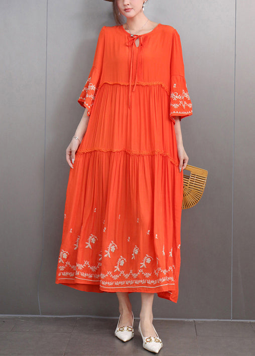 Embroidered Keyhole Neck Bell Sleeve Tiered Ruffle Maxi Dress