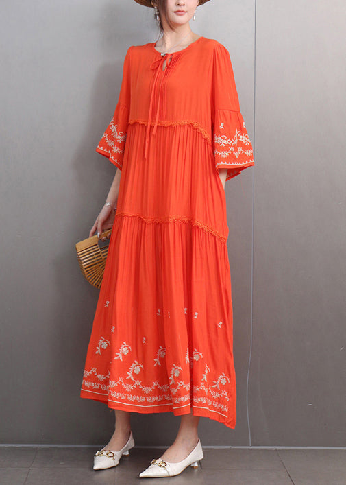 Embroidered Keyhole Neck Bell Sleeve Tiered Ruffle Maxi Dress