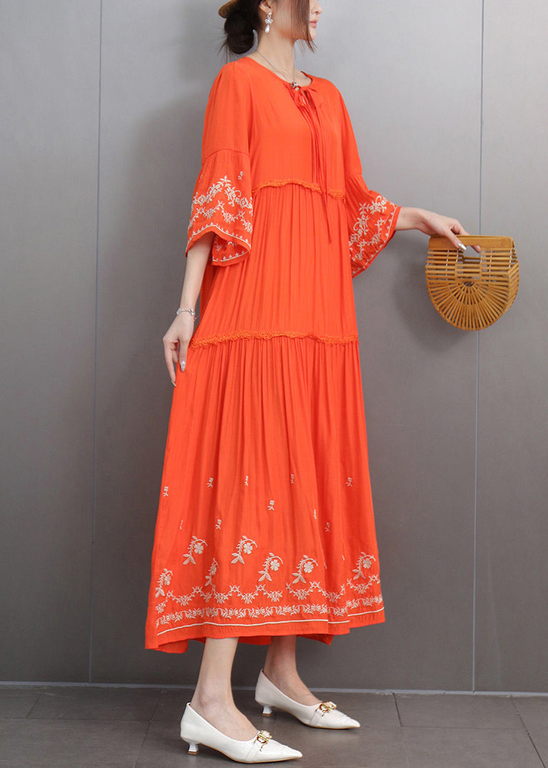 Embroidered Keyhole Neck Bell Sleeve Tiered Ruffle Maxi Dress