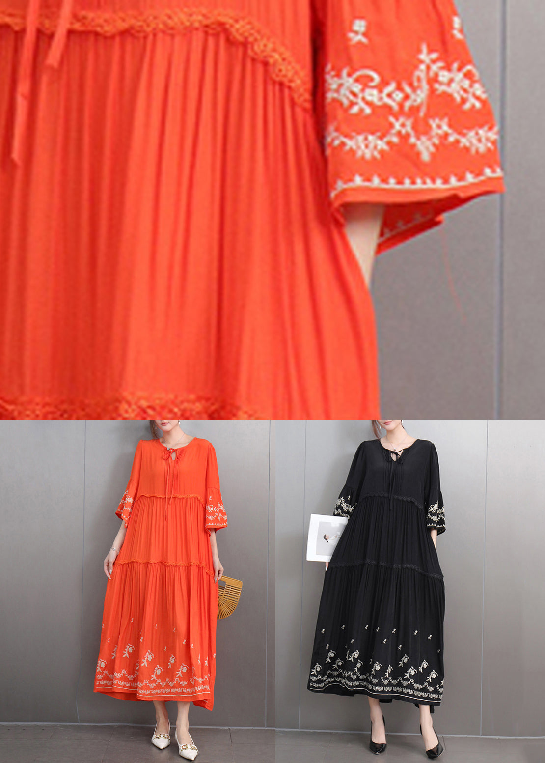 Embroidered Keyhole Neck Bell Sleeve Tiered Ruffle Maxi Dress