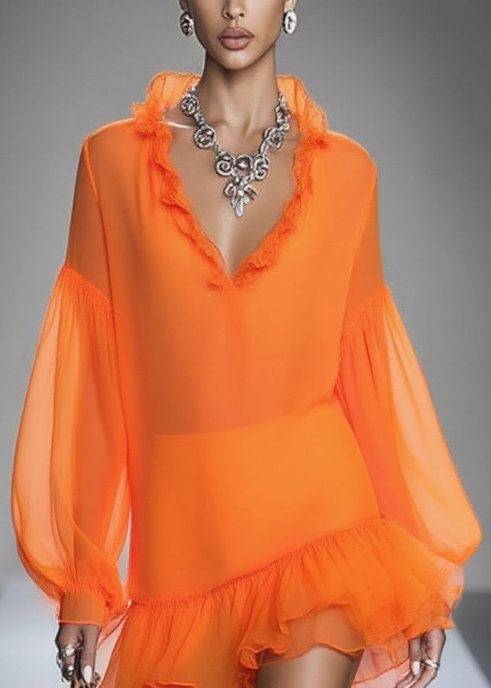 Loose Orange Ruffled Patchwork Chiffon Mid Dresses Spring 2