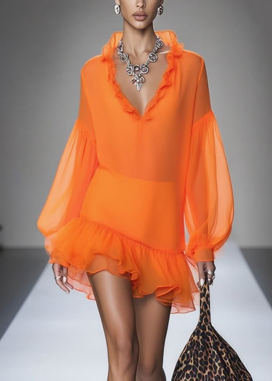 Loose Orange Ruffled Patchwork Chiffon Mid Dresses Spring 3