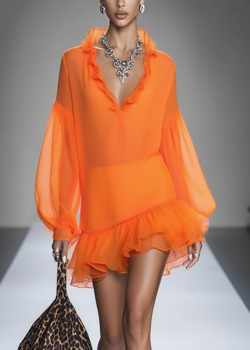 Loose Orange Ruffled Patchwork Chiffon Mid Dresses Spring 5