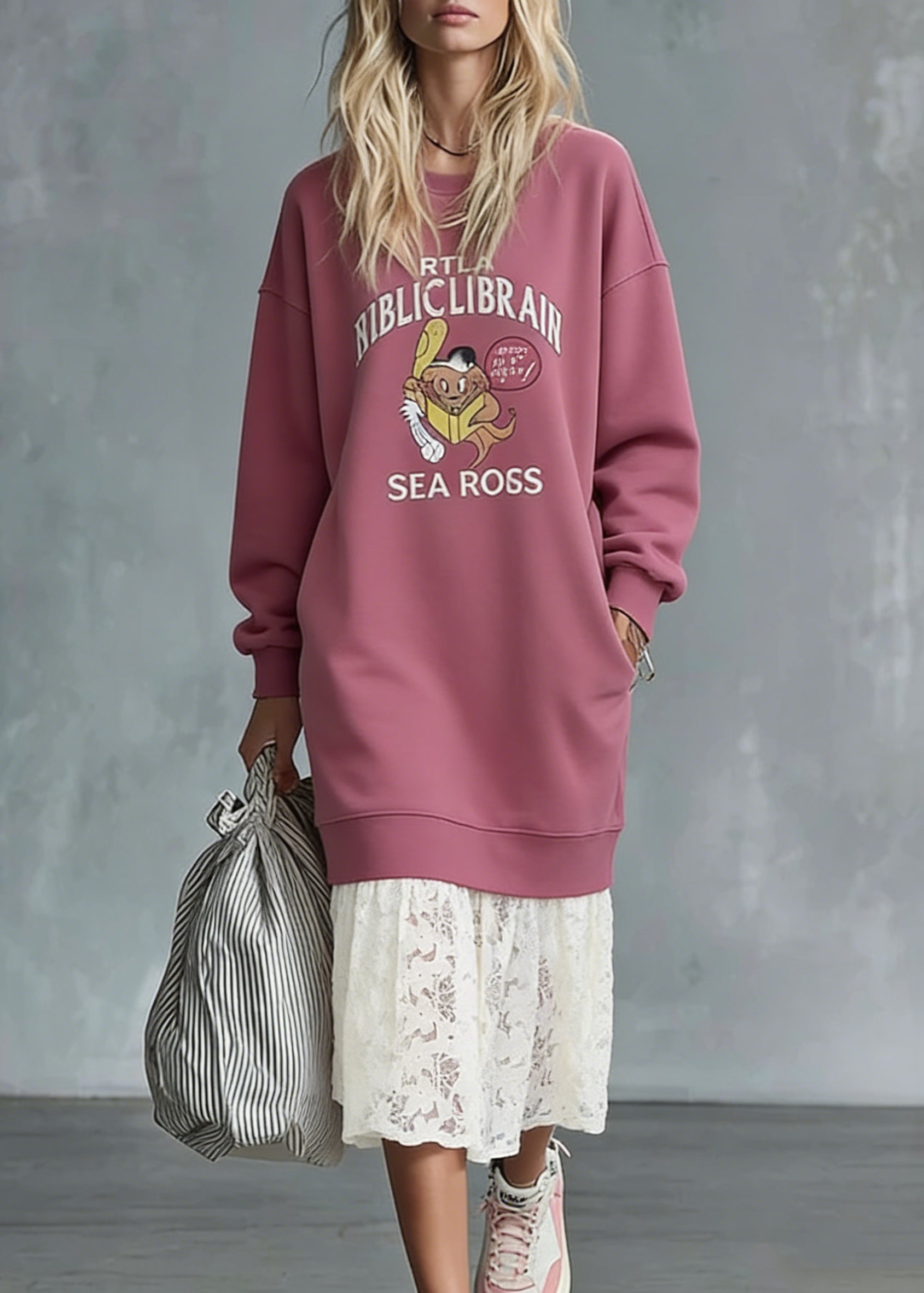Oversized Crew Neck Graphic Print Long Sleeve Sweatshirt Dress