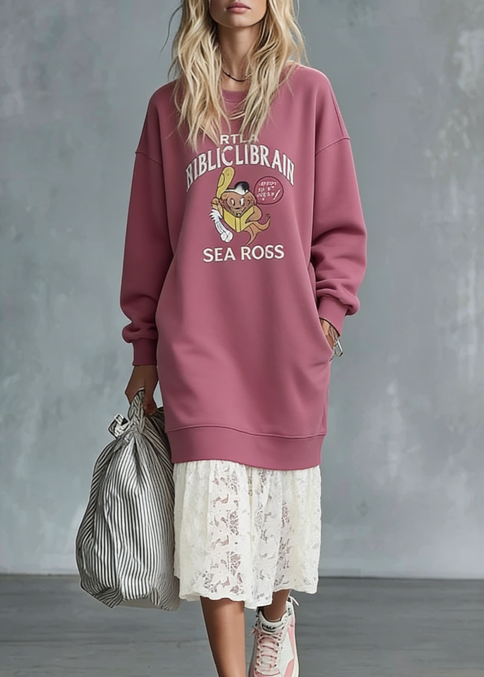 Oversized Crew Neck Graphic Print Long Sleeve Sweatshirt Dress