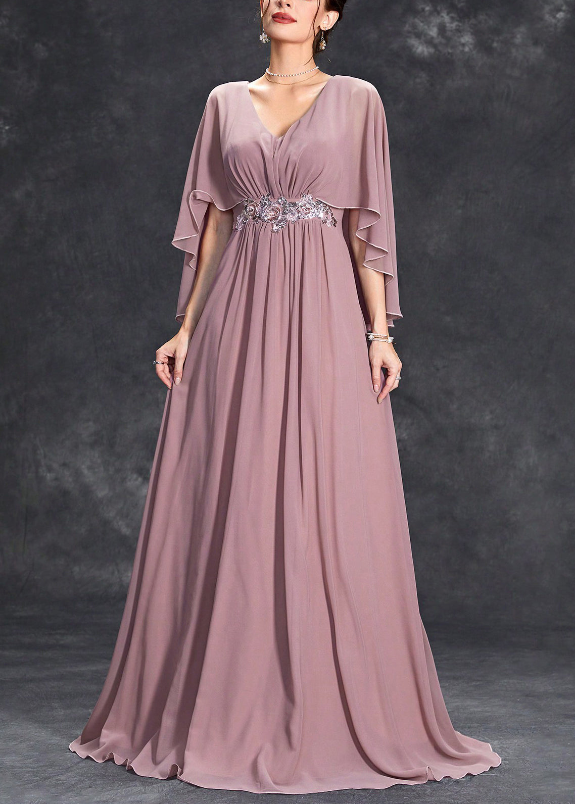 V-Neck Cape Sleeve Embellished Waist Chiffon Maxi Formal Gown