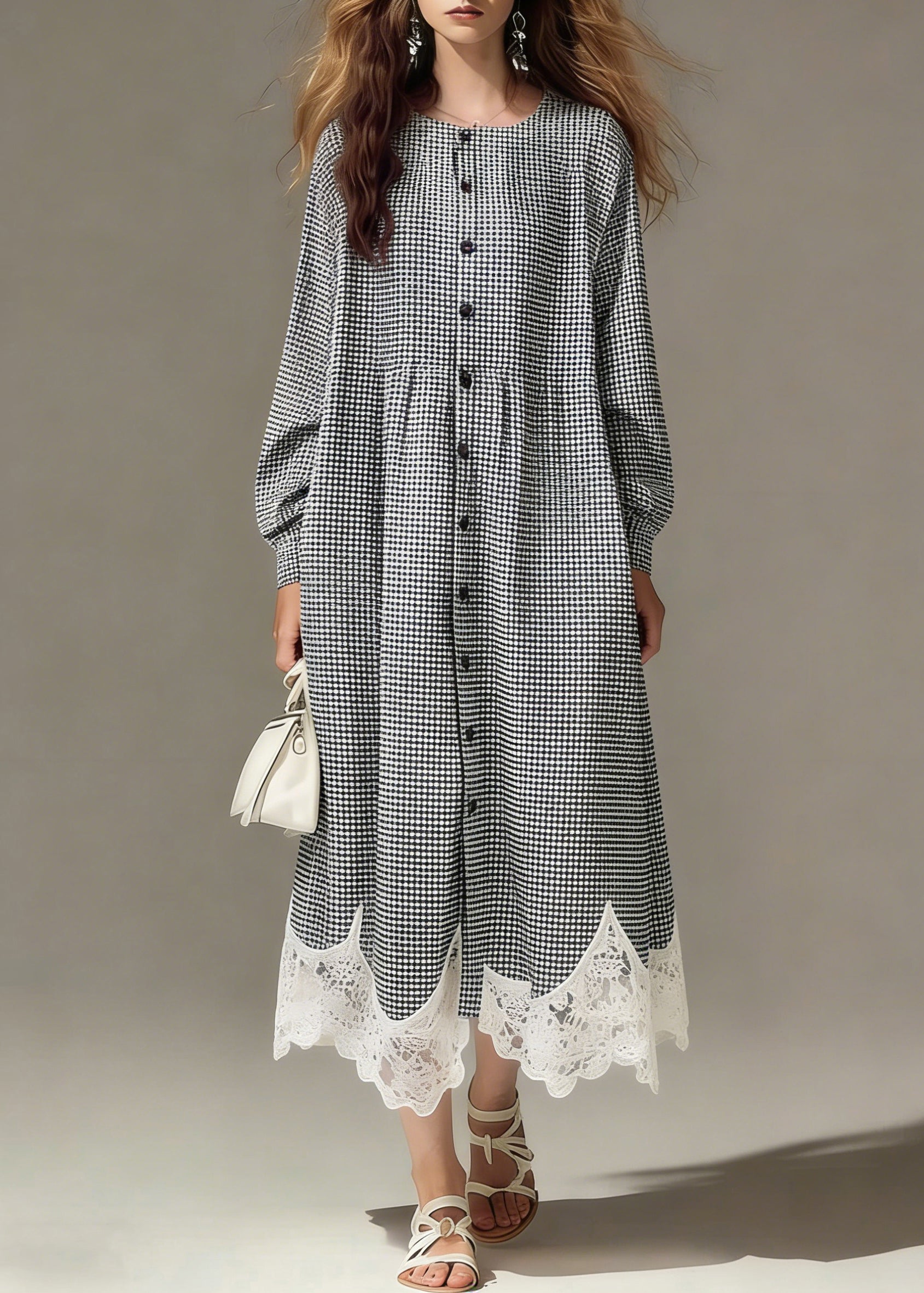 Gingham Crew Neck Long Sleeve Button Front Lace Trim Maxi Dress