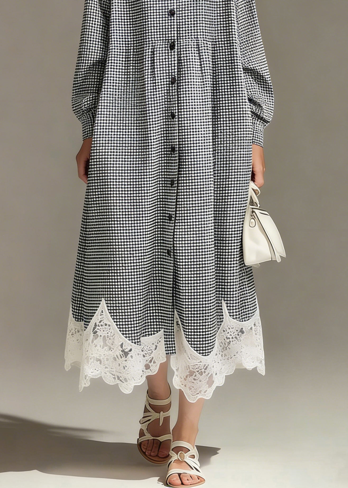 Gingham Crew Neck Long Sleeve Button Front Lace Trim Maxi Dress