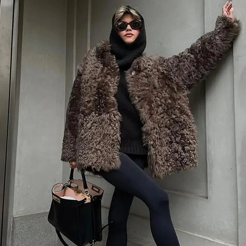 Loose Plush Autumn Winter Stand Singlebreasted Long Elegant Hairy Soft Coat
