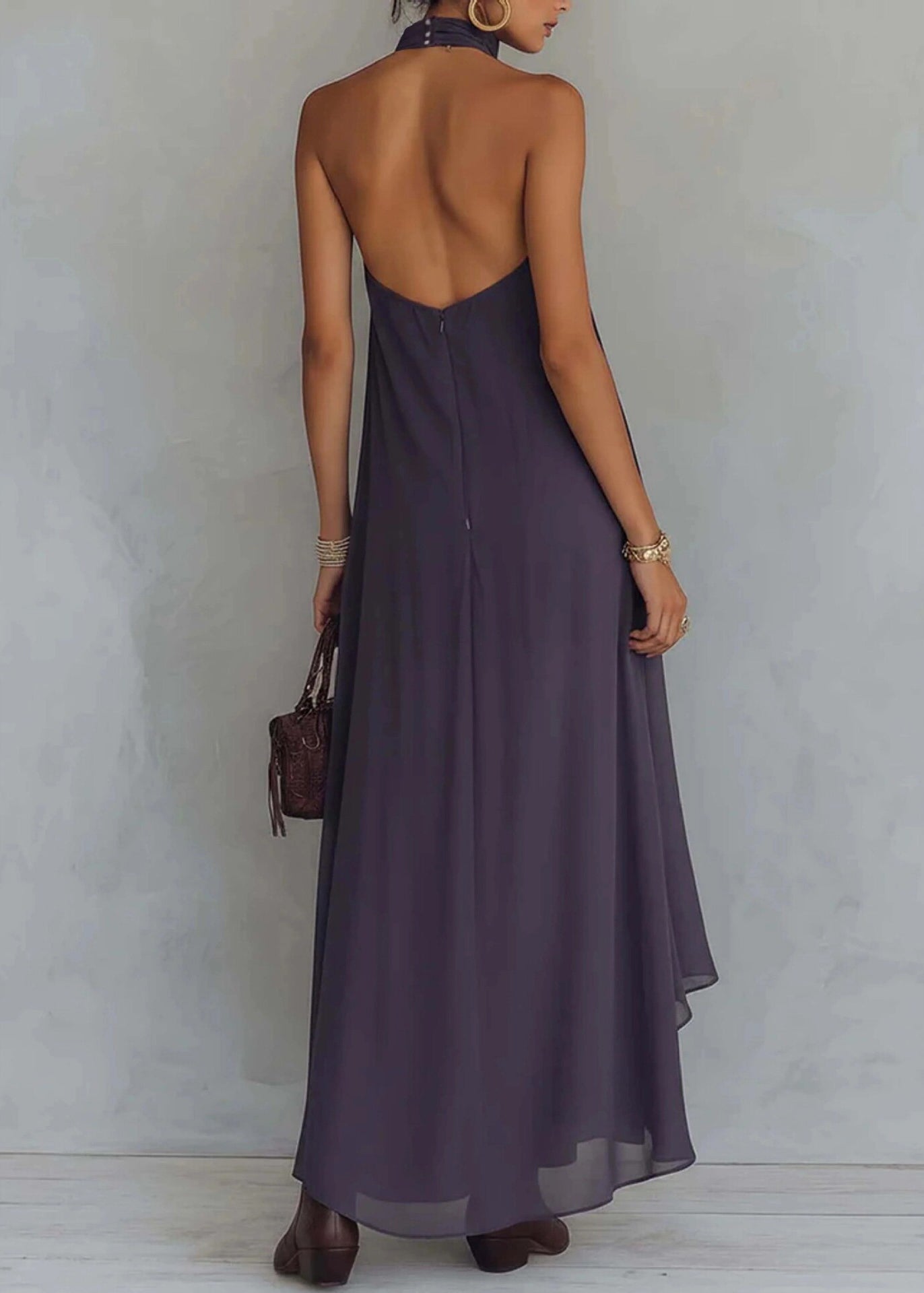 Embroidered Halter Neck Sleeveless Tiered Ruffle High Low Chiffon Midi Dress